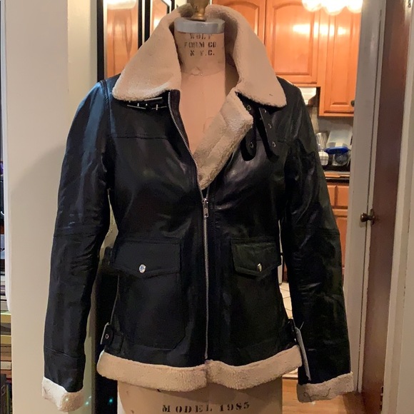 Leather aviator jacket with faux shearling - Picture 2 of 13